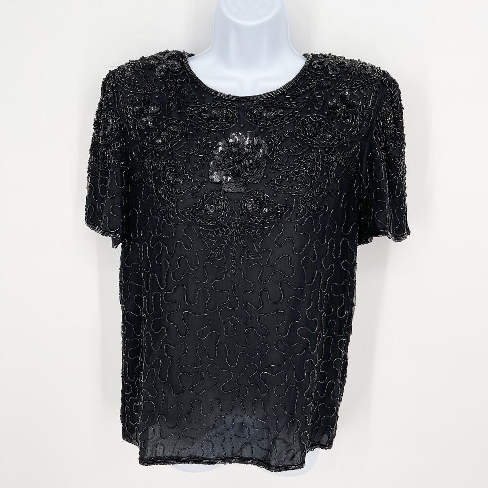 Mark & John Silk Black Beaded Sequins Sheer Cocktail Top Womens Sz Small